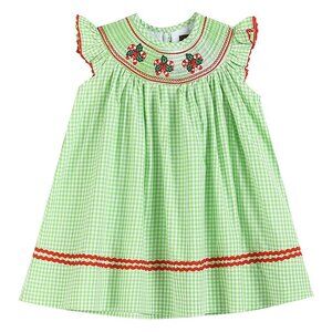 Lil Cactus Girl's Green gingham & red mistletoe smocked bishop dress Size 5 NEW